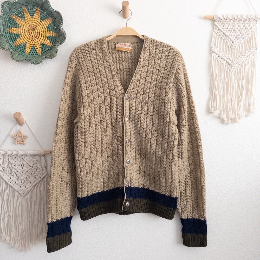 Jantzen XL Vintage 100% Virgin Wool Grandpa Fisherman Sweater Cardigan USA